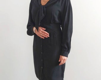 80's Big Collar LBD, Black Midi Dress