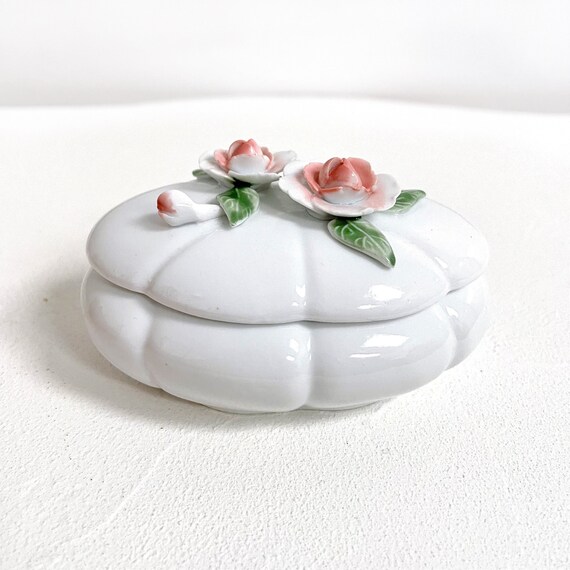 Vintage Ceramic Jewellery Box // White & Pink Rose Flower Jewelry
