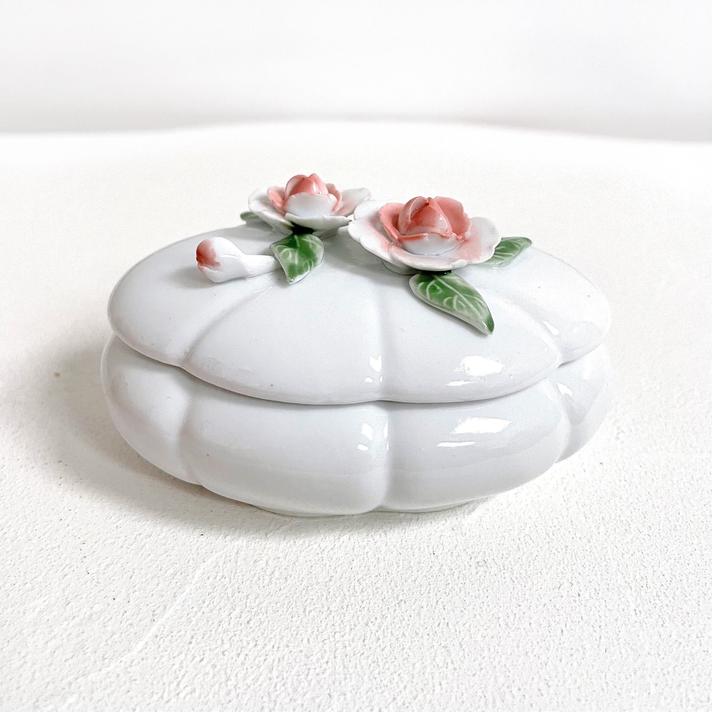 Vintage Ceramic Jewellery Box // White & Pink Rose Flower Jewelry