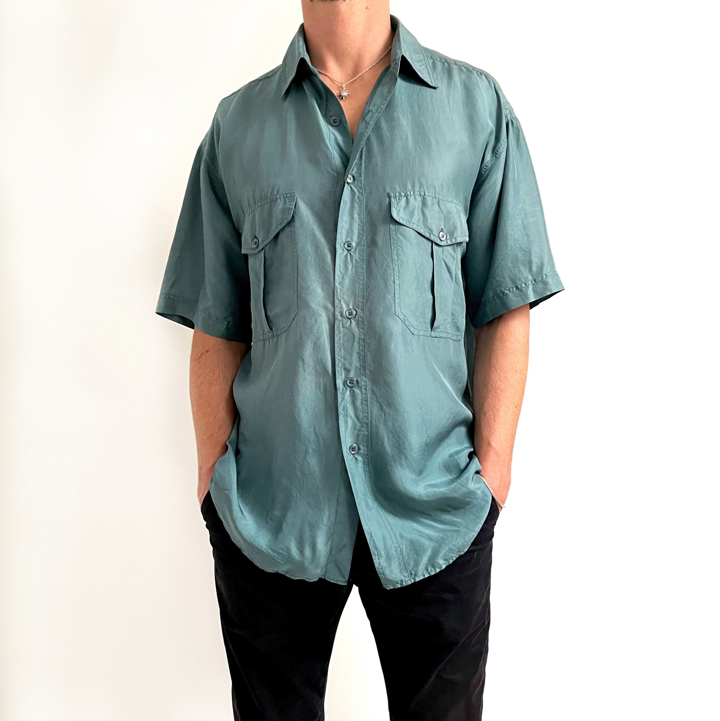 80s Mens Teal Green Silk Shirt Short Sleeve Dark Green Shirt Medium - Etsy