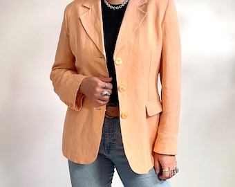 90s Vintage Peach Linen Blazer | Ladies Smart Pastel Jacket | Medium - Large
