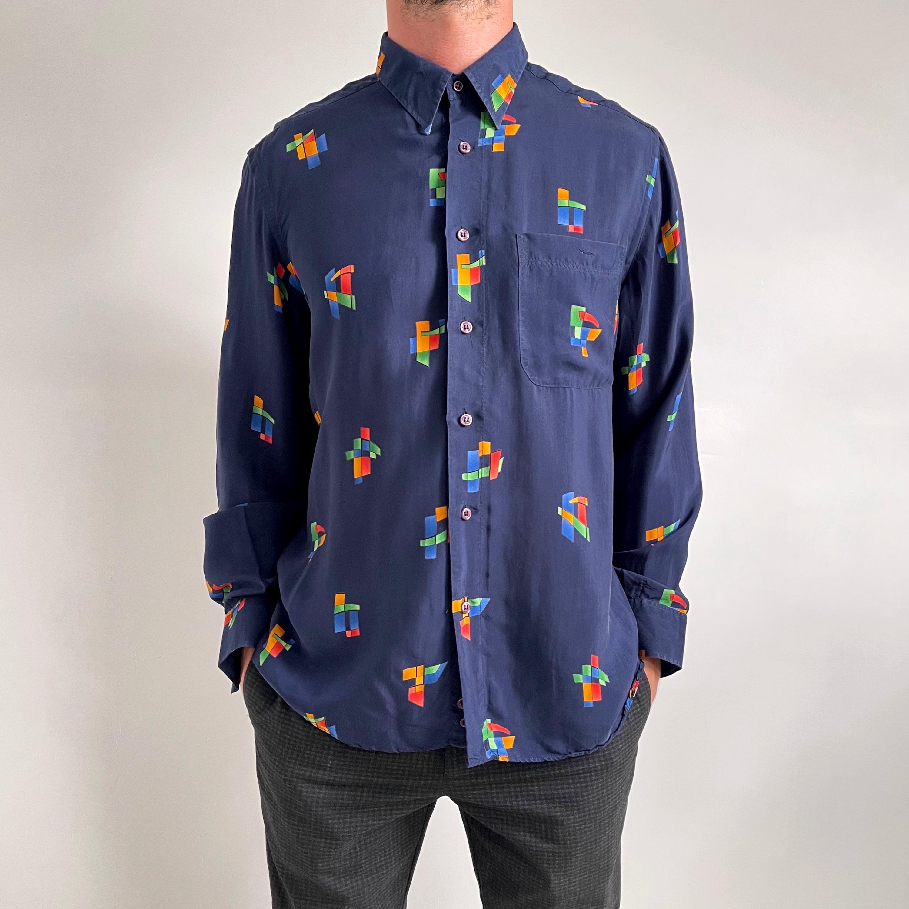 Vintage Men’s Cupro Long Sleeve Silk Shirt | Navy & Bright Geometric Print Shirt in Vegan Silk | Medium