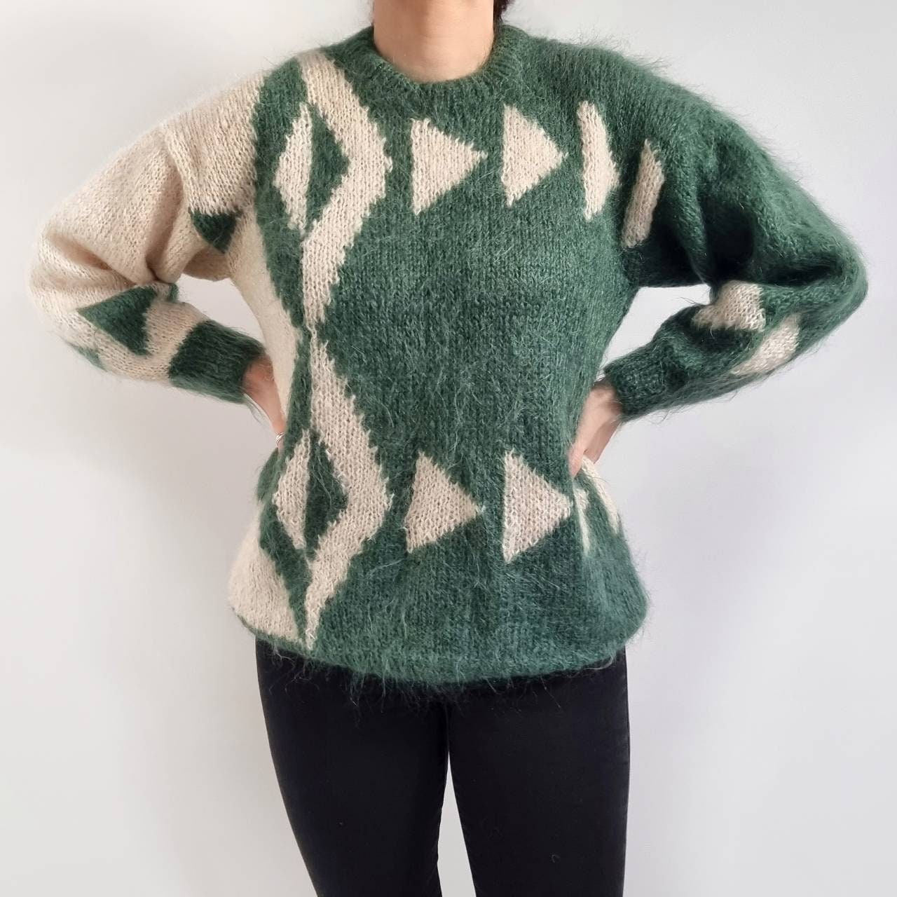 80's Vintage Mohair Wool Ladies Jumper // Green & White - Etsy