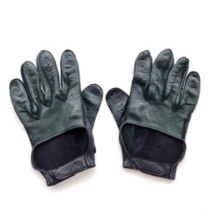 Vintage Men&#39;s Driving Gloves in Black & Green Leather // Medium - Large
