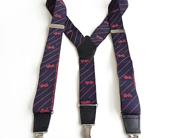 Vintage Navy, Red Braces w Stripes & Lion Print | Y-Back Men's Suspenders w Silver Clips and Leather Ends