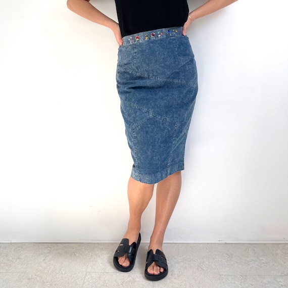 スカート Vintage Vivaldi blue denim pencil skirt 80's Vintage Denim Midi Pencil Skirt | Rainbow Gemstone