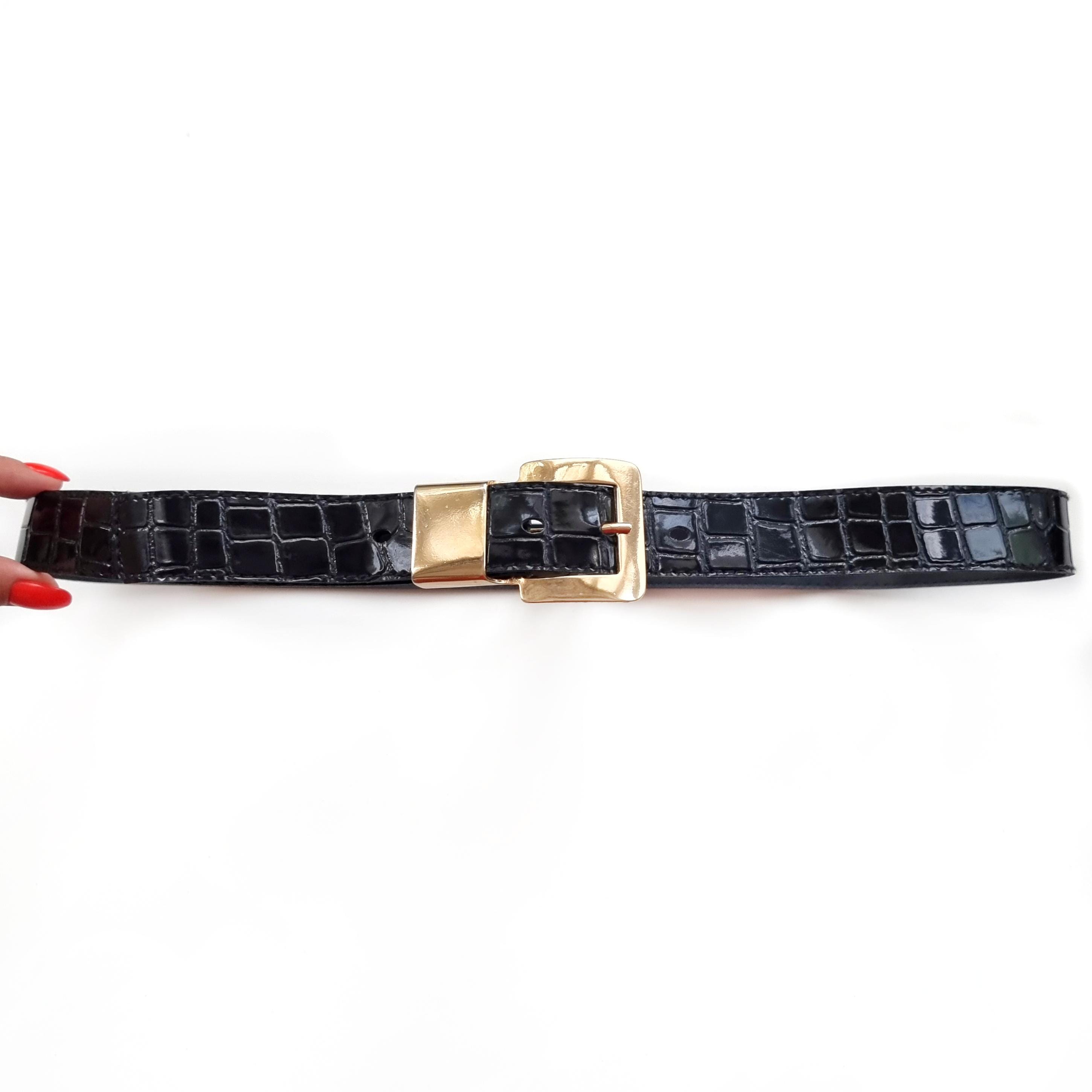 Vintage Vegan Black Leather Belt With Stylised Gold Buckle 