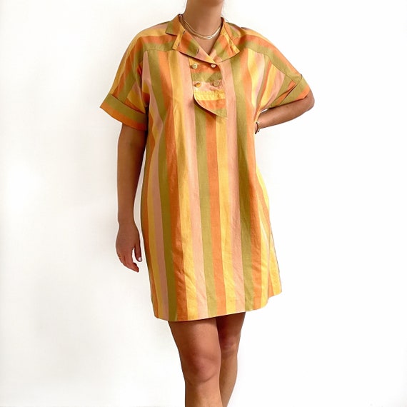 90’s Vintage Short Silk Shirt Dress | Orange Stripes Loose Summer Dress | Medium - Large