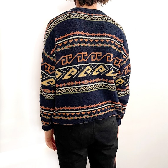 Vintage Bright Geometric Mens Cotton Jumper | Navy & Orange Stripe