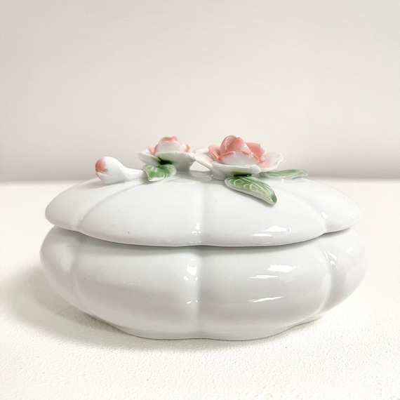 Vintage Ceramic Jewellery Box // White & Pink Rose Flower Jewelry