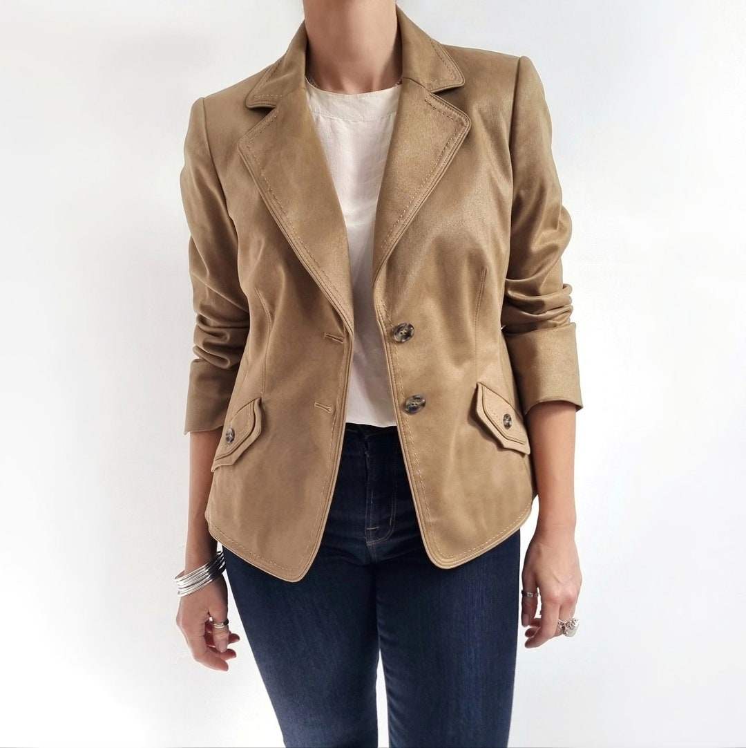 Vintage Beige Brown Faux Suede Ladies Blazer Neutral Suedette