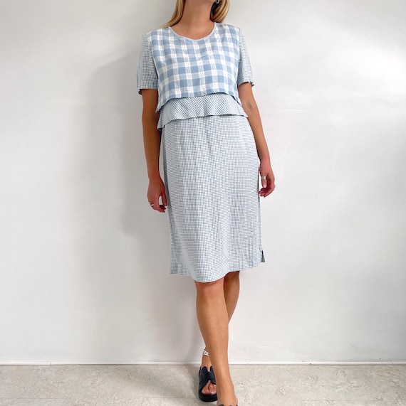 Vintage Pastel Blue Gingham Smart Midi Dress Layered Straight Summer Dress in Blue Check Medium Large