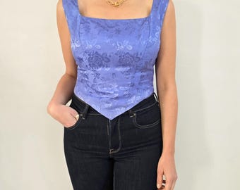 Top corsetto blu vintage in jacquard floreale / Camicetta senza maniche / Piccola - Media / Prodotto in Inghilterra