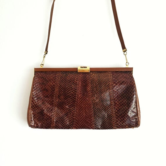 Vintage Brown Snakeskin & Leather Frame Bag W Gold Clasp  display picture 3