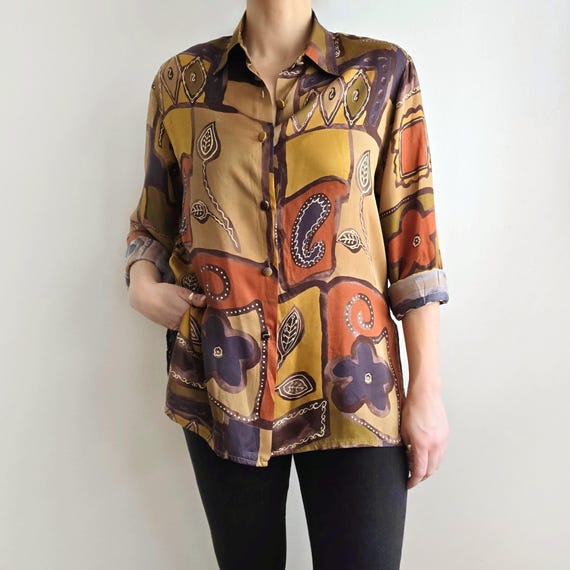 Vintage Cupro Abstract Patchwork Blouse | Vegan Silk Paisley Floral Ladies Shirt | Medium