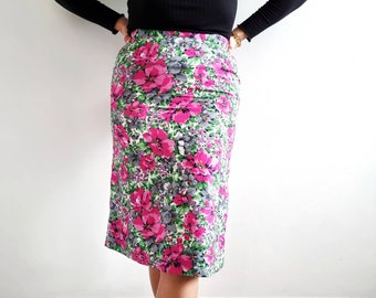 Vintage Bright Floral Midi Silk Skirt