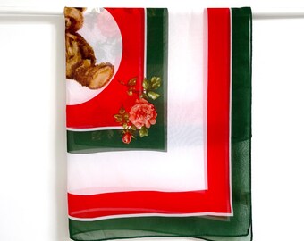 Vintage Teddy Bear Print Scarf w Green, White, Red Stripe Border & Roses | Plush Toy Print Scarf