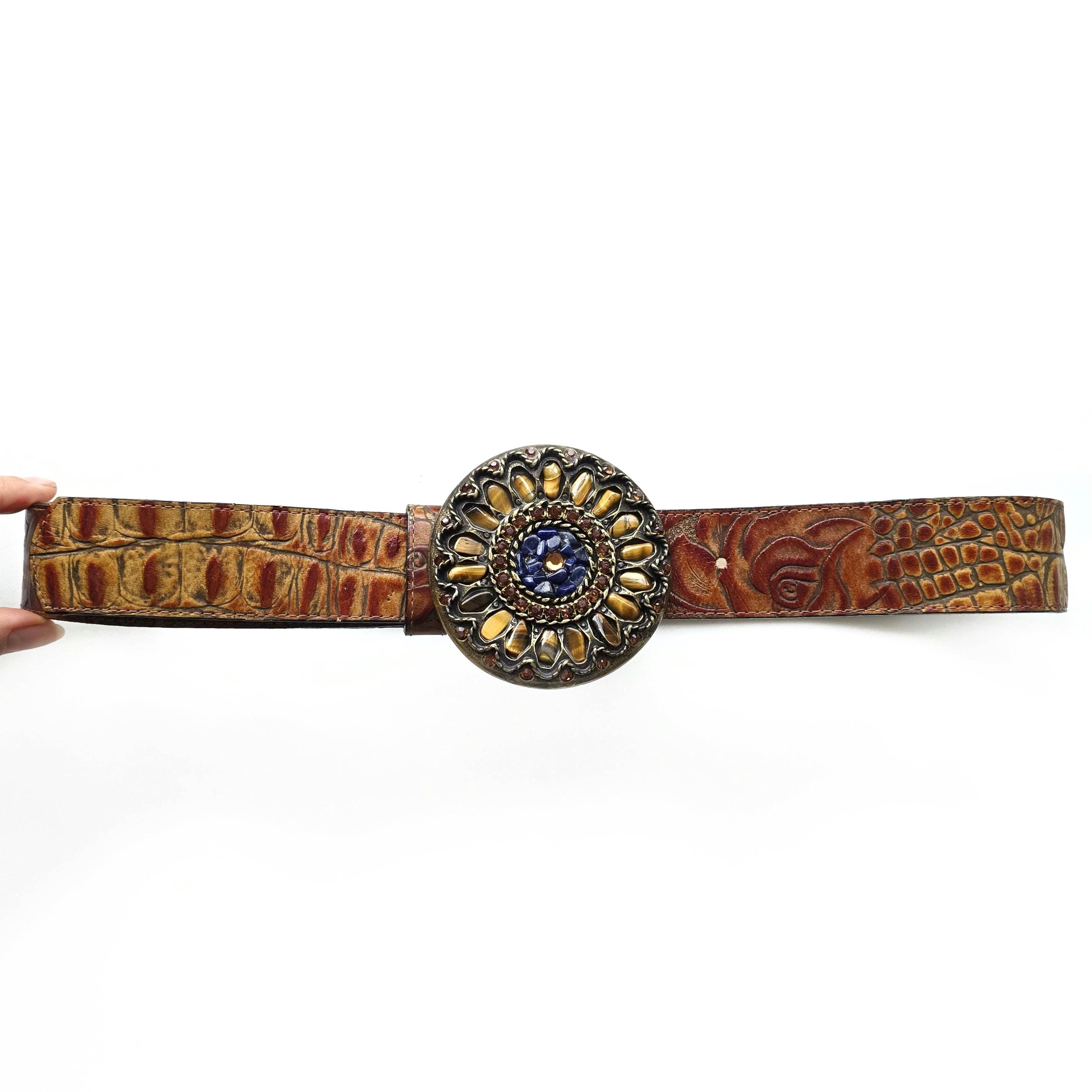 Vintage Italian‎ Leather Croc Embossed Statement Belt Boho Western Y2K Buckle Men main image 2