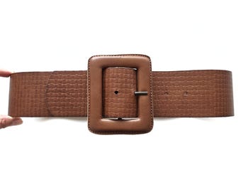 Vintage Chocolate Brown Woven Elastic Waist Belt with Covered Buckle Vintage Chestnut Brown Woven Belt W Leather Covered Buckle  main image 3