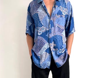 Polo azul vintage para hombre / Camiseta de viscosa para hombre con estampado abstracto azul brillante / Extra grande