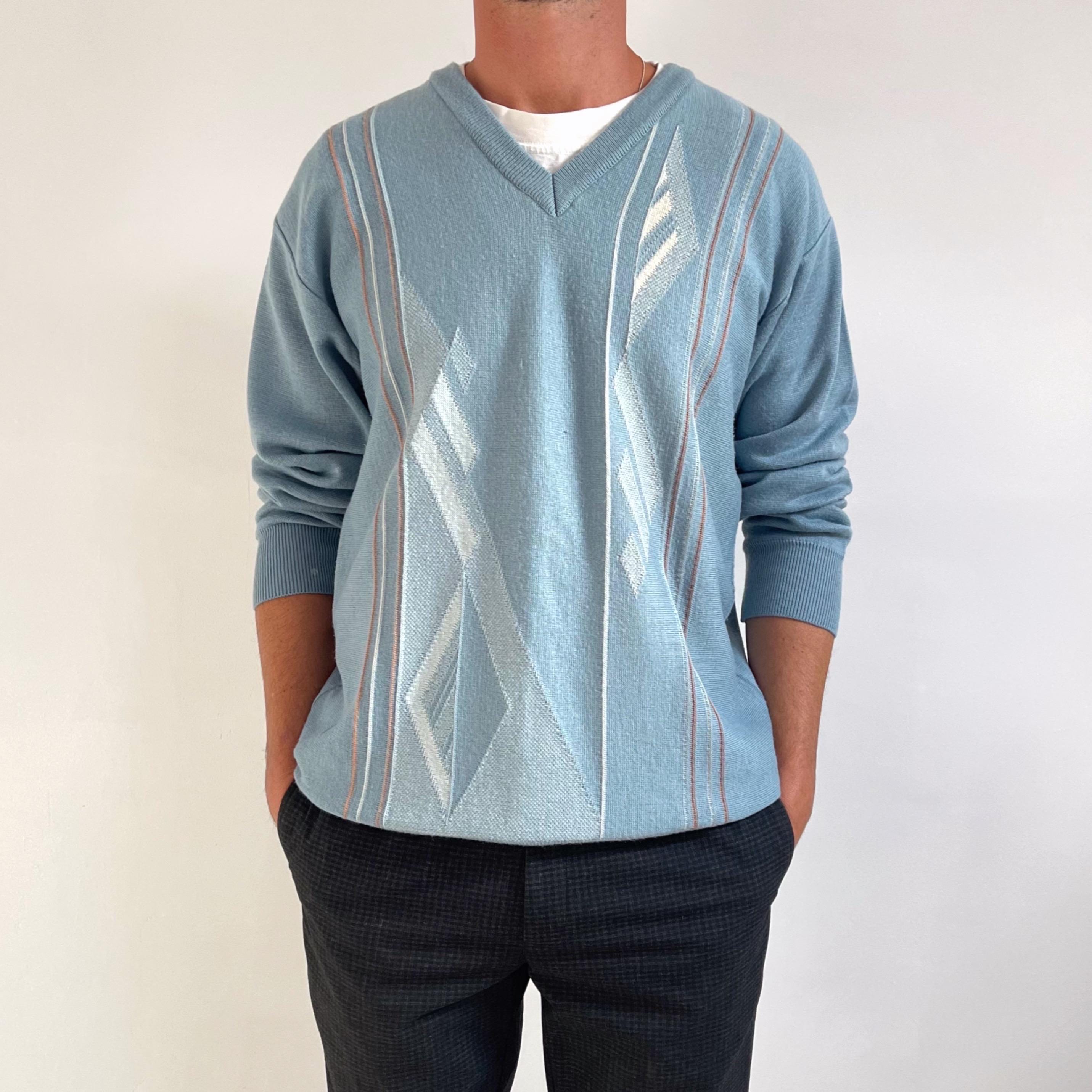 Vintage Gabicci Mens Wool Jumper Light Blue Cream Brown Smart V neck Sweater Large Etsy