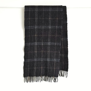 May include: A dark gray scarf with a plaid pattern, featuring thin lines of white, blue, and brown. The scarf has a fringed edge and is displayed against a white background. This accessory is suitable for cold weather.