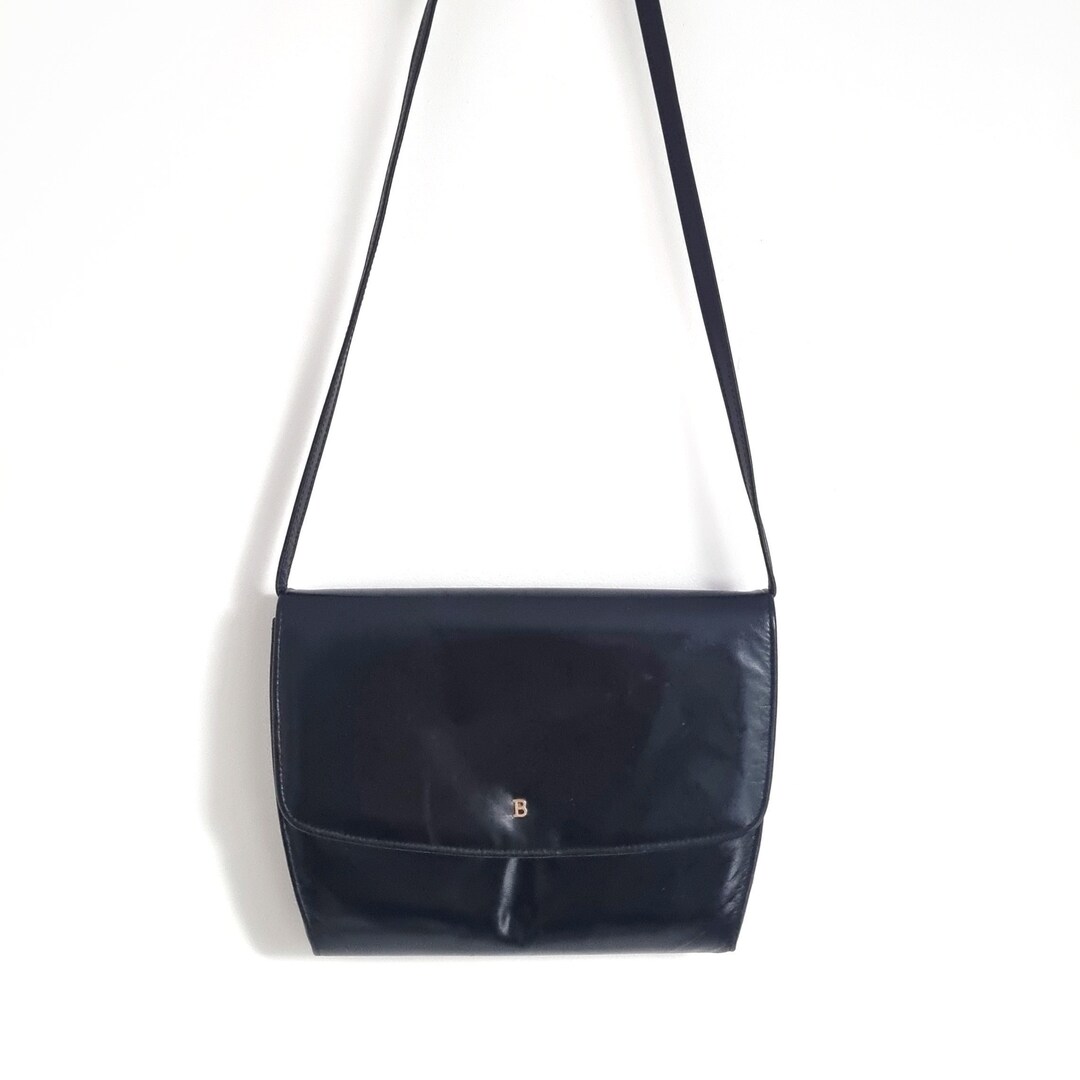 Vintage BALLY Black Leather Handbag W Long Strap | Monogram 