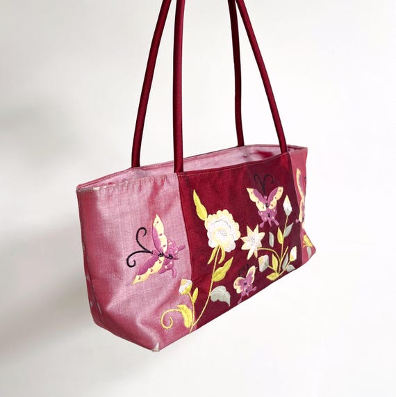 00s Vintage Embroidered Silk Handbag W Flowers & Butterflies