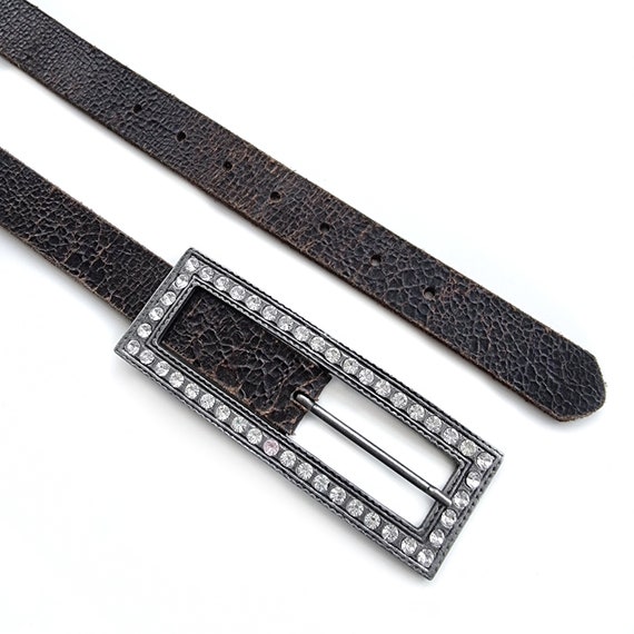 00's Vintage Black Leather Belt With Large Rectangular