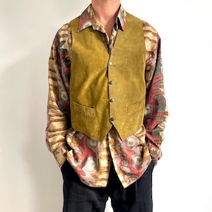 Vintage Mens Chartreuse Suede Waistcoat | Unisex Leather Gilet in Mustard Khaki Green | Medium