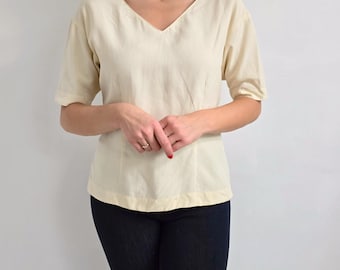 Vintage Patel Yellow Silk Blouse w Button Up Back | Ladies Short Sleeve V-Neck Top | Medium | Made in Italy