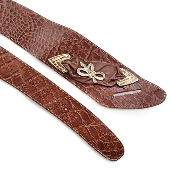 Vintage Brown Embossed Genuine Leather Belt W Gold Bow  display picture 3