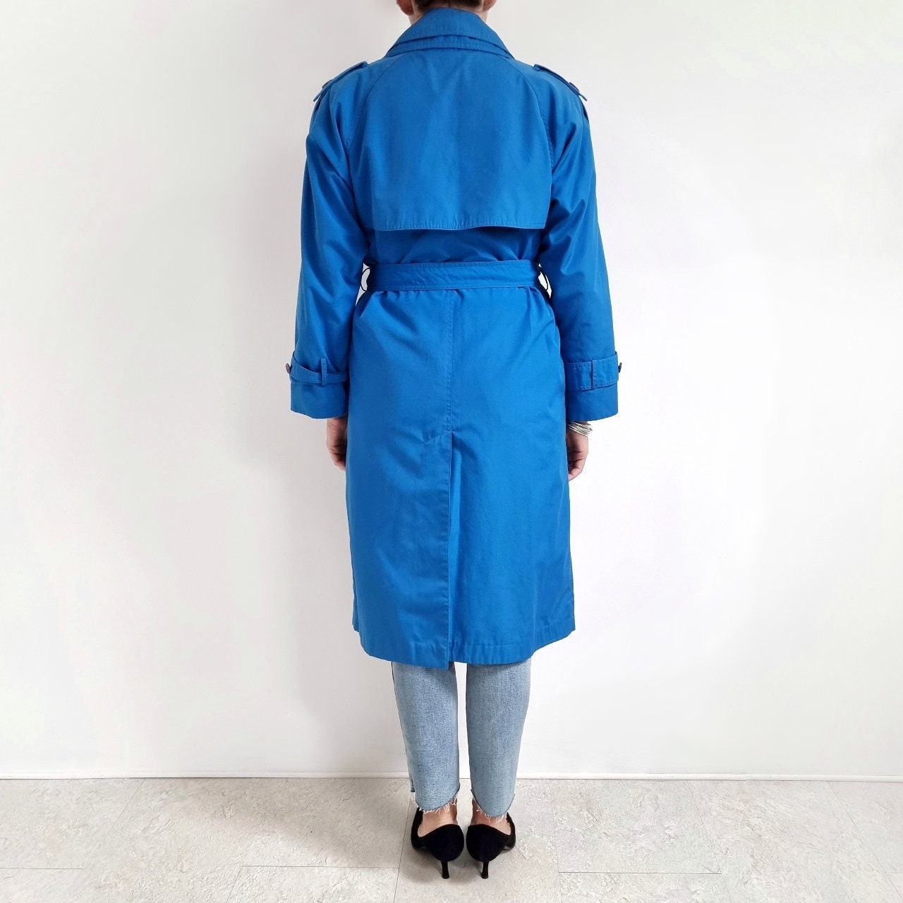 Vintage Ladies Bright Blue Trench Coat Midi Raincoat Small Medium