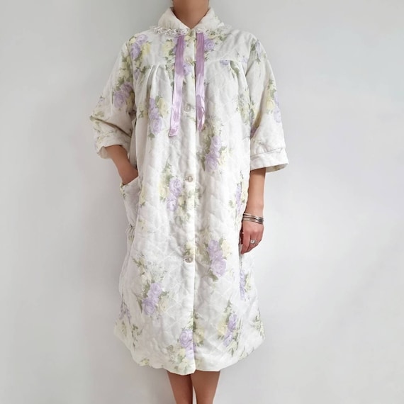 Vintage Pastel Floral Padded House Coat | Yellow … - image 1