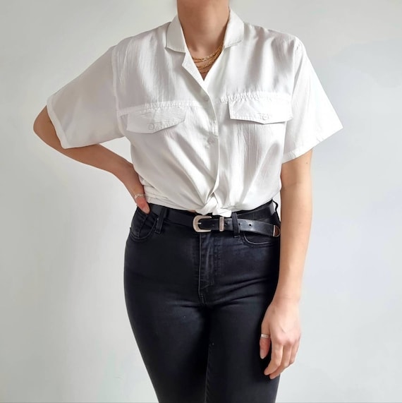 Blusa blanca arrugada vintage de los anos 90 Camisa de novio de manga corta para mujer Pequeno Mediano Etsy Mexico