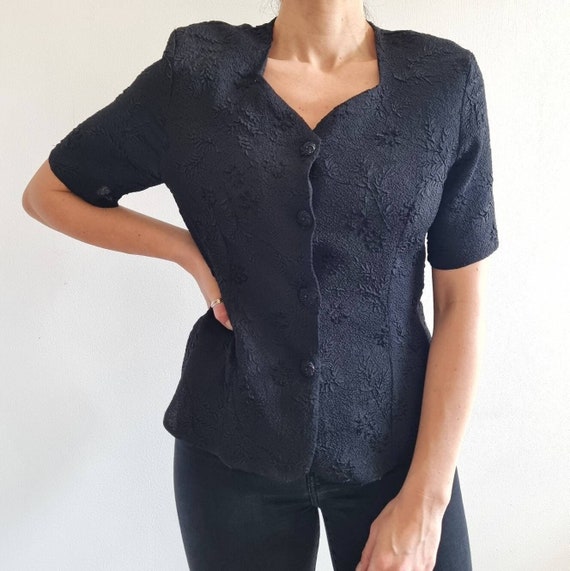 Vintage Textured Black Blouse, Short Sleeves Blazer - Etsy