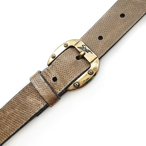 Vintage Olive Green Leather Belt With Gold Buckle | Khaki  display picture 1