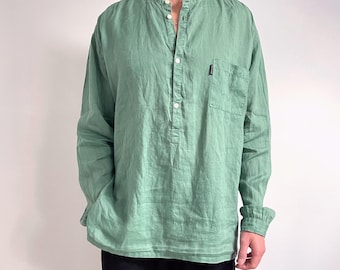 Camisa de lino verde vintage de Calvin Klein para hombre / Camisa de verano Henley de manga larga / Extra grande