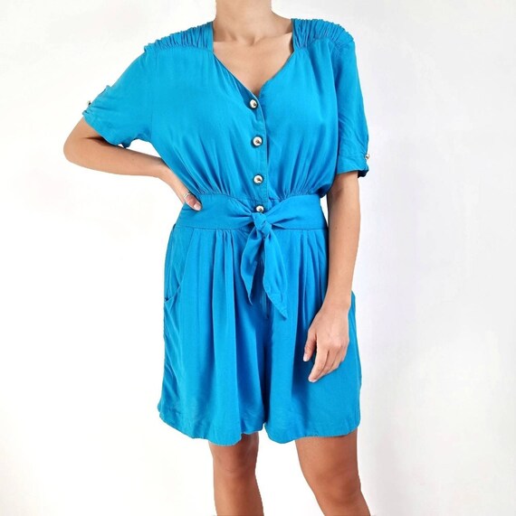 80's Vintage Bright Blue Jumpsuit With Gold Buttons /… Gem
