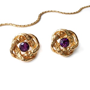 Vintage Gold Plated Swirl Design Stud Earrings W Purple Gemstone | Brand NEW