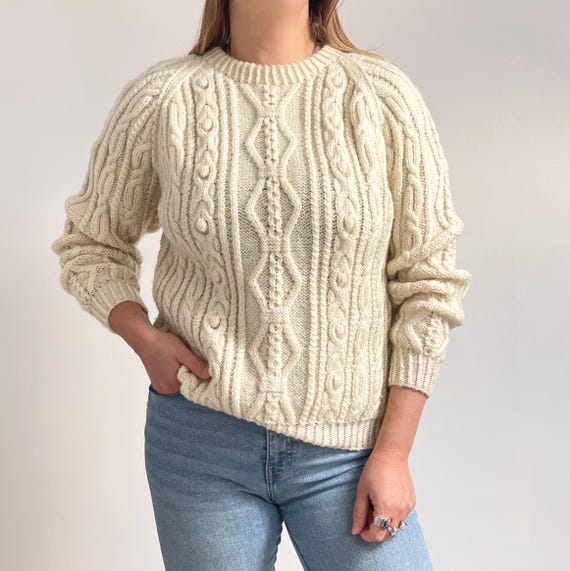 Vintage Aran Knit Cream Jumper | Cable Knit Natural Pure Wool Textured Sweater | Small - Medium