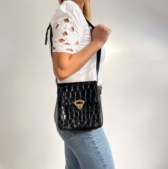 Black croc embossed boxy cross body bag sale