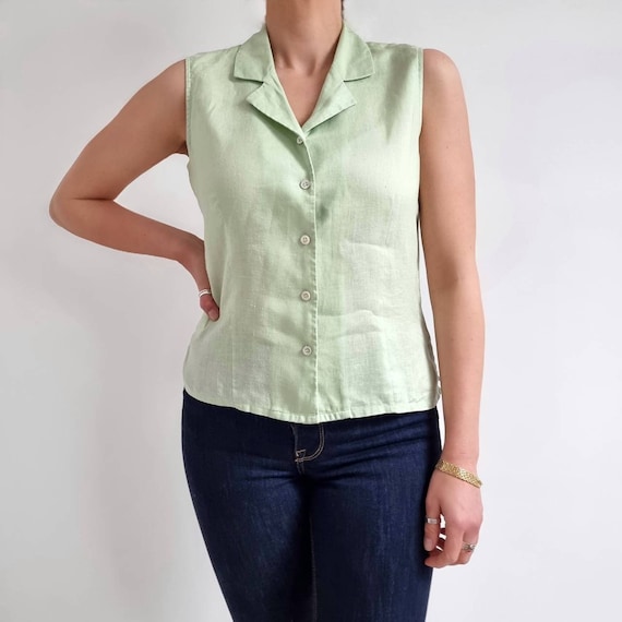 Blusa de lino verde manzana vintage Camisa de verano sin mangas para mujer en verde pastel Pequeno Etsy Mexico