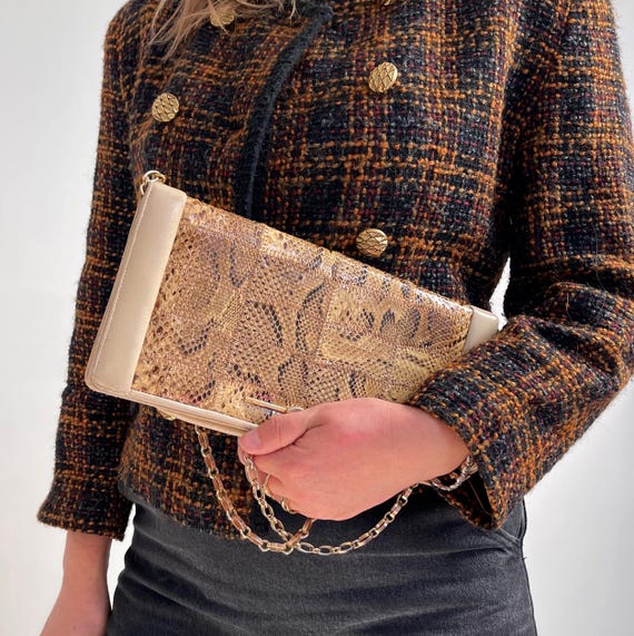 Vintage Beige Snakeskin Patchwork Handbag w Gold Chain Strap | Smart Leather Clutch / Shoulder Bag