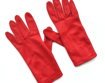 Guanti vintage in nylon rosso da donna / Guanti in tessuto / Piccola - Media