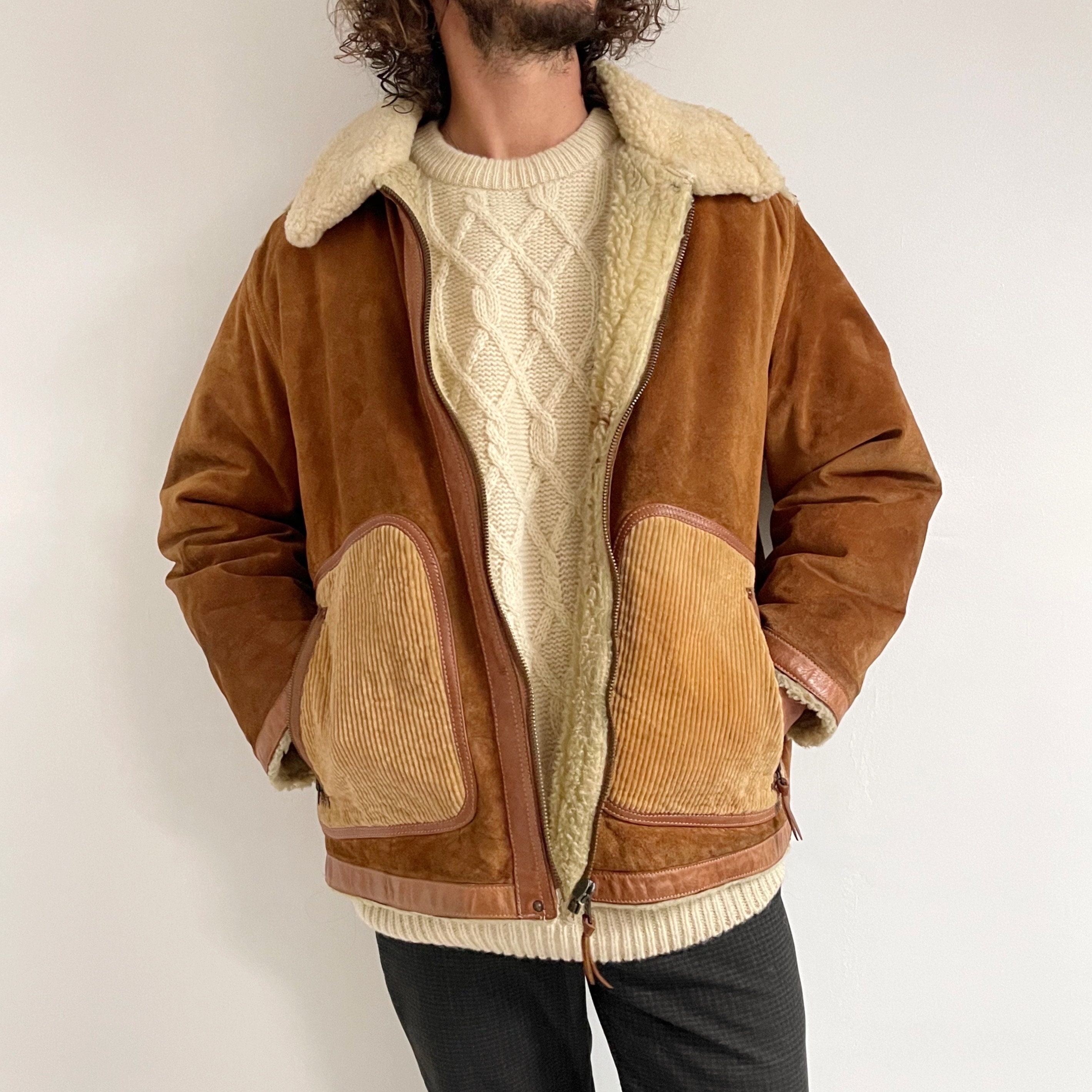 Vintage REPLAY Men's Brown Suede Jacket W Faux Fur Lining | Tan