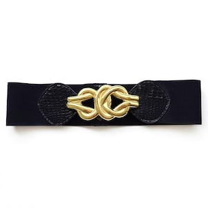 Vintage Elastic Black Belt With Chunky Twist Design Gold Detail | Wide Dress Belt | Small