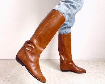 Stivali da equitazione lunghi vintage color caramello con fibbia alla caviglia / Scarpe western in pelle con tacco basso / Taglia 6 UK / 39 EUR