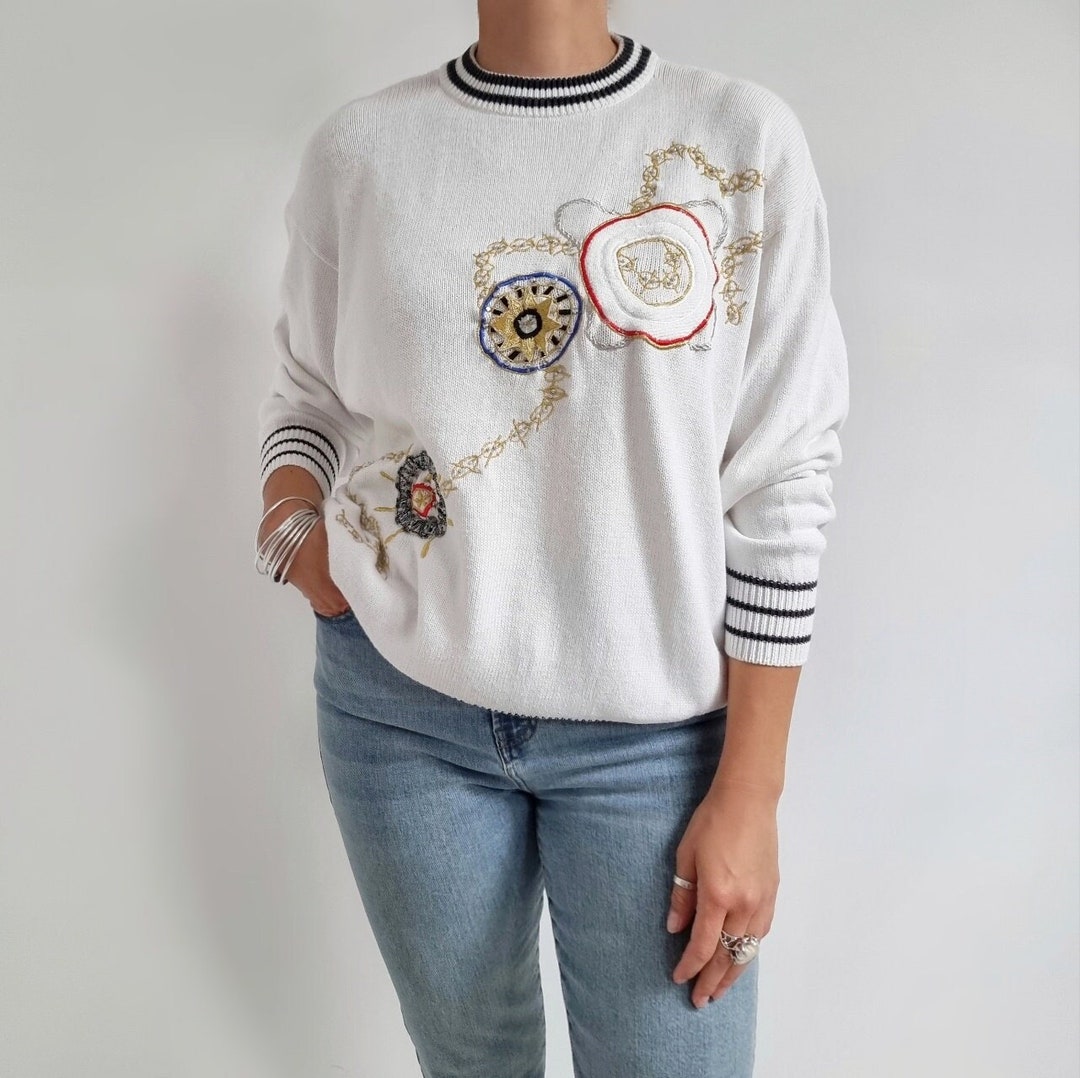 Jummer W 80's Vintage White Cotton Jumper W Metallic Nautical Embellishment ...