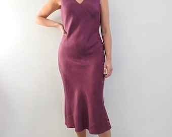 90's Vintage Wine Red Silk & Wool Diagonal  Cut Midi Dress | Minimalist Burgundy Purple Satin Dress | Medium